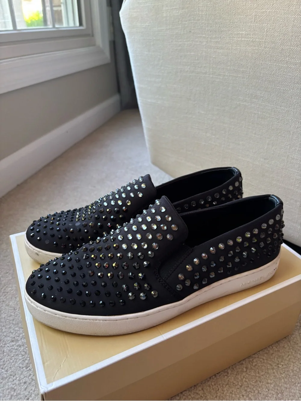 Michael Kors Black Slip-On Loafers with Crystal Stud Accents
